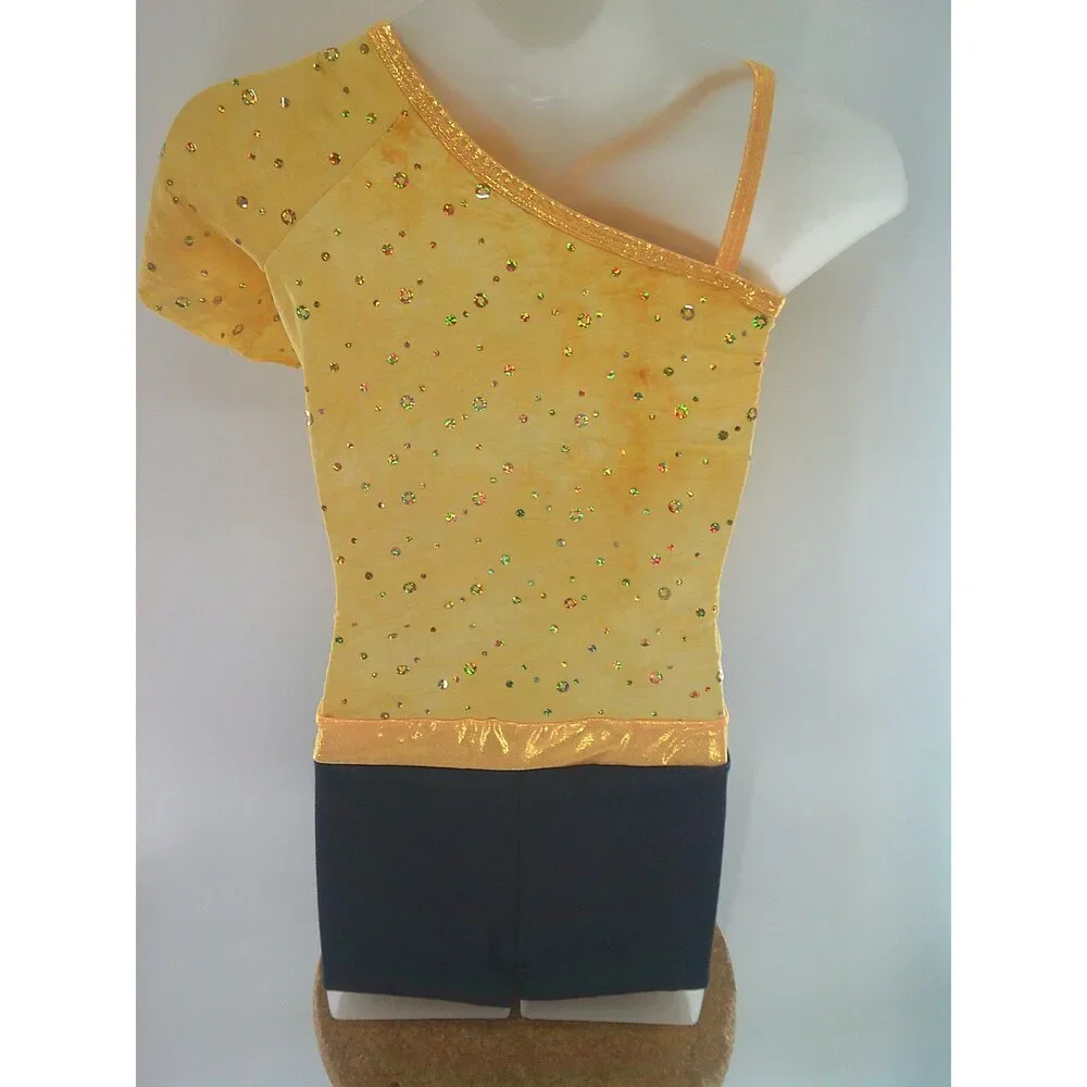 Pre-Owned Dance Costume AWCT  XL Child Yellow Romper Jazz Tap Sequins